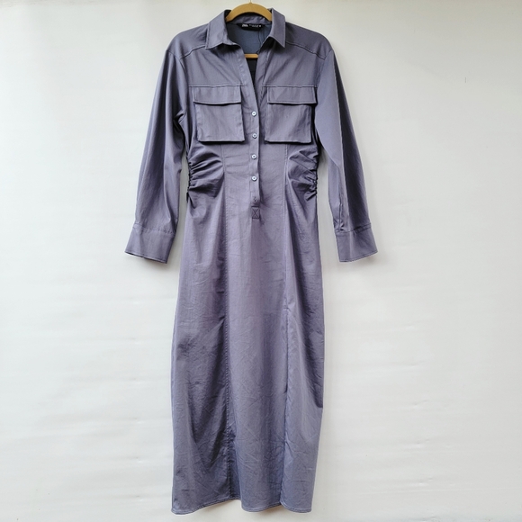Zara Womens Medium Utilitarian Minimalist Gray Long Sleeve Midi Long Shirt Dress - Picture 8 of 16